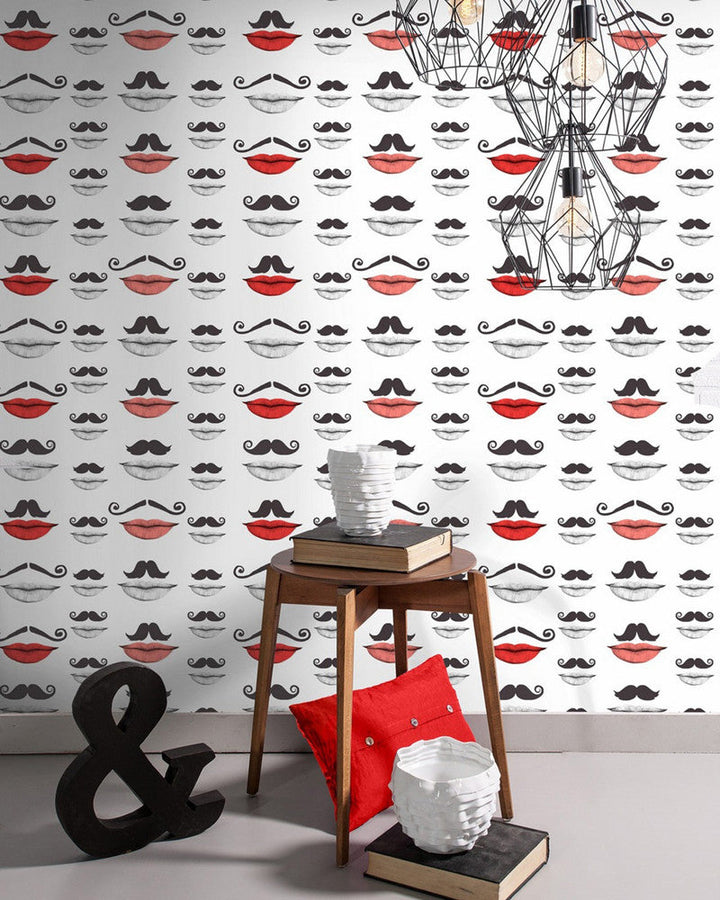 Moustache And Lips Premium Wallpaper by Mind the Gap Designer Wallpaper WALLPAPER DESIGNER COLLECTION Non-woven Made in Europe Paste the wall 3 rolls x 20.5 x 3.25 yards - Swanky Fabrics -