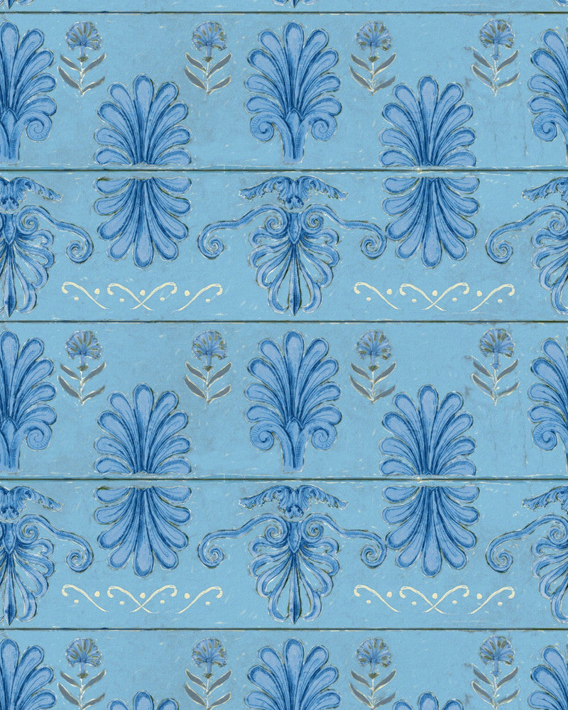 MYKONOS VILLA MOTIF Azure Wallpaper (WP30041) by Mind The Gap | WP30041 | SUNDANCE VILLA | 1 roll x 20.5 x 393.7 in | 0.52m / 20.5in | 10m / 393.7in | 5.20mp | 56.5cm / 22.2in | Indigo, Light Blue, Taupe | Satin Matte | Paste the wall | 1-roll in a box | Fabric Carolina | https://www.fabriccarolina.com/