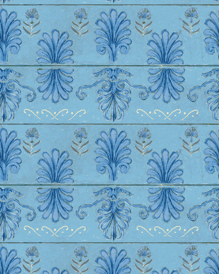 MYKONOS VILLA MOTIF Azure Wallpaper (WP30041) by Mind The Gap | WP30041 | SUNDANCE VILLA | 1 roll x 20.5 x 393.7 in | 0.52m / 20.5in | 10m / 393.7in | 5.20mp | 56.5cm / 22.2in | Indigo, Light Blue, Taupe | Satin Matte | Paste the wall | 1-roll in a box | Fabric Carolina | https://www.fabriccarolina.com/
