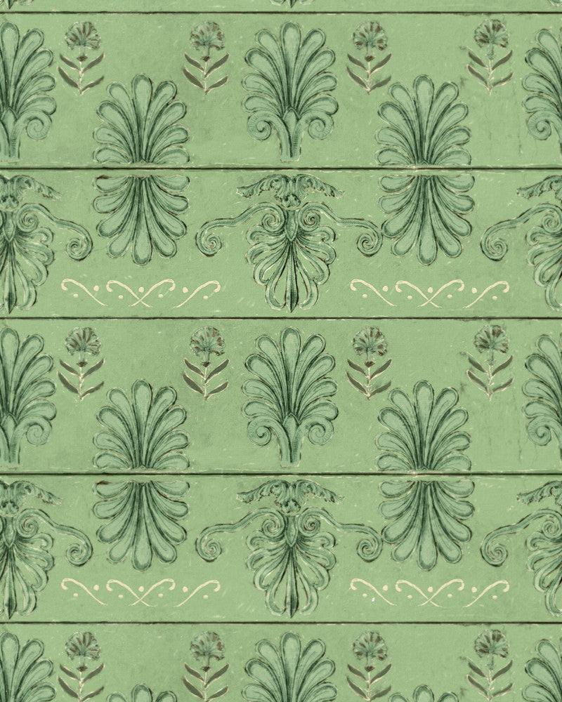 MYKONOS VILLA MOTIF Island Green Wallpaper (WP30040) by Mind The Gap | WP30040 | SUNDANCE VILLA | 1 roll x 20.5 x 393.7 in | 0.52m / 20.5in | 10m / 393.7in | 5.20mp | 56.5cm / 22.2in | Green, Taupe | Satin Matte | Paste the wall | 1-roll in a box | Fabric Carolina | https://www.fabriccarolina.com/