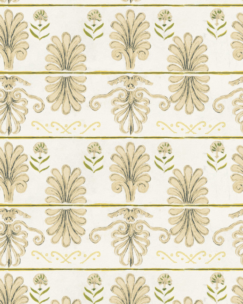 MYKONOS VILLA MOTIF Taupe Wallpaper (WP30042) by Mind The Gap | WP30042 | SUNDANCE VILLA | 1 roll x 20.5 x 393.7 in | 0.52m / 20.5in | 10m / 393.7in | 5.20mp | 56.5cm / 22.2in | Green, Yellow | Satin Matte | Paste the wall | 1-roll in a box | Fabric Carolina | https://www.fabriccarolina.com/