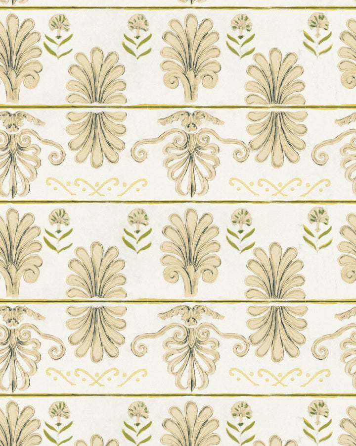 MYKONOS VILLA MOTIF Taupe Wallpaper (WP30042) by Mind The Gap | WP30042 | SUNDANCE VILLA | 1 roll x 20.5 x 393.7 in | 0.52m / 20.5in | 10m / 393.7in | 5.20mp | 56.5cm / 22.2in | Green, Yellow | Satin Matte | Paste the wall | 1-roll in a box | Fabric Carolina | https://www.fabriccarolina.com/