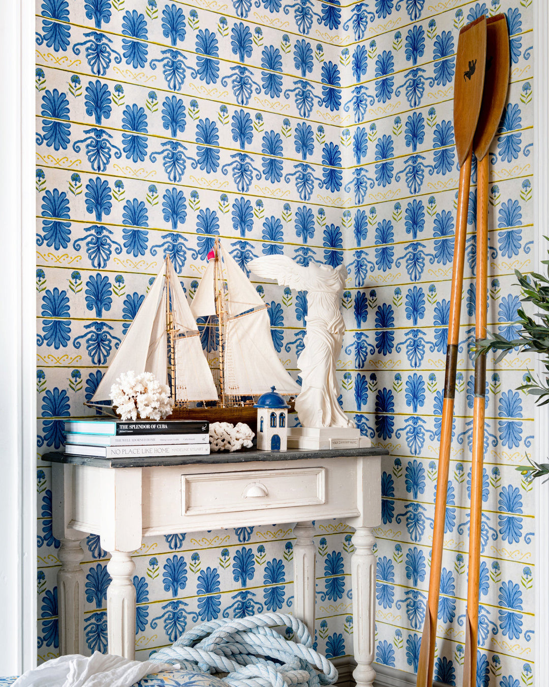 MYKONOS VILLA MOTIF Lemon Wallpaper (WP30044) by Mind The Gap | WP30044 | SUNDANCE VILLA | 1 roll x 52x1000 cm / 20.5x393.7 in | 0.52m / 20.5in | 10m / 393.7in | 5.20sqm / 55.9sq ft | 56.5cm / 22.2in | Blue, Yellow | Non-woven Satin | Paste the wall | 1-roll in a box | Fabric Carolina | https://www.fabriccarolina.com/