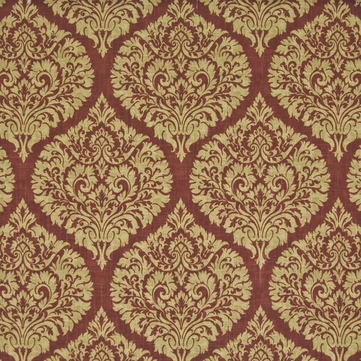 Natchez Damask Scarlet by Kasmir Fabric 1387 100% Cotton SPAIN 50,000 Wyzenbeek Double Rubs Horizontal: 13 4/8 inches and Vertical: 17 4/8 inches 54 - 56 - Fabric Carolina -