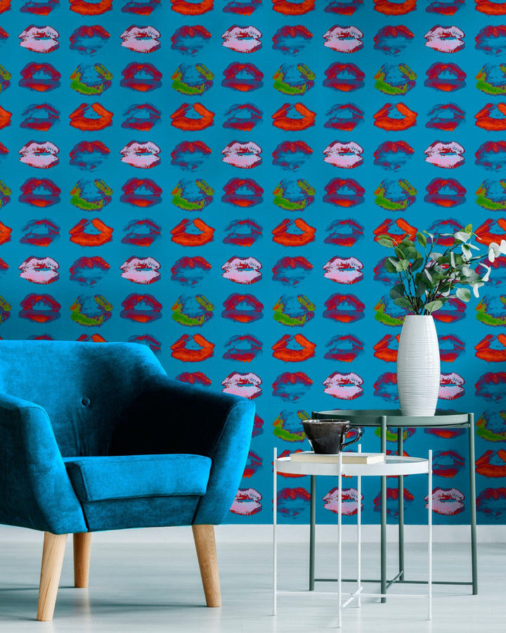Neon Kiss Blue Wallpaper by Mind the Gap Designer Wallpaper THE WALLPAPER COLLECTABLES Satin Matte Made in Europe Paste the wall 3 rolls x 20.5 x 3.25 yards - Swanky Fabrics -