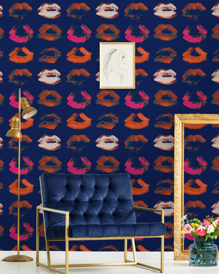 NEON KISS Indigo Wallpaper (WP20380) by Mind The Gap | WP20380 | THE WALLPAPER COLLECTABLES | 3 rolls x 20.5 x 118.1 in | 0.52m / 20.5in | 3m / 118in | 4.65mp | 60cm / 23.6in | Blue, Pink, Red | Satin Matte | Paste the wall | 3-rolls in a box | Fabric Carolina | https://www.fabriccarolina.com/
