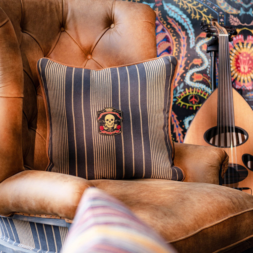 Newport Stripes Cushion by Mind the Gap Designer Pillow WOODSTOCK '69 LIFESTYLE COLLECTION 100% Linen, printed and stonewashed Made in Romania Leather piped edge 20 x 20 in - Swanky Fabrics -