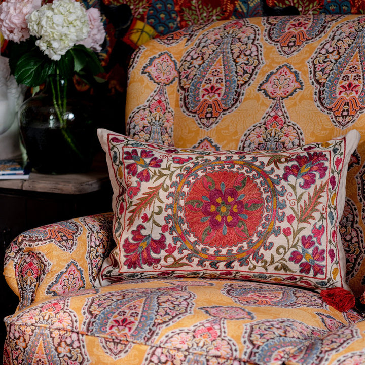 NURATA SUZANI Silk Embroidered Cushion (LC40166) by Mind The Gap | LC40166 | WOODSTOCK '69 LIFESTYLE COLLECTION | 23,6 x 15,8 in | Blue, Green, Red | Fabric Carolina | https://www.fabriccarolina.com/