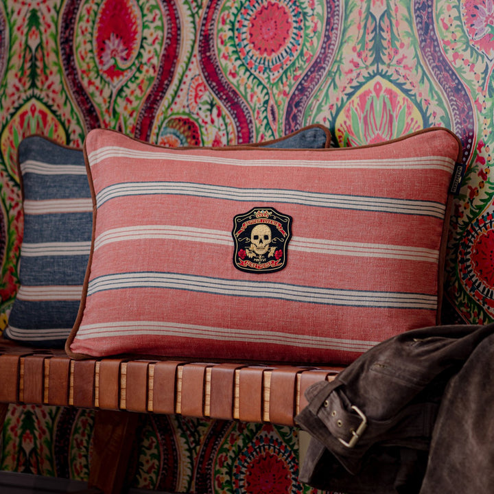 OREGON STRIPES Orange Washed Cushion (LC40159) by Mind The Gap | LC40159 | WOODSTOCK '69 LIFESTYLE COLLECTION | 23,6 x 15,8 in | Blue, Orange, Taupe | Fabric Carolina | https://www.fabriccarolina.com/