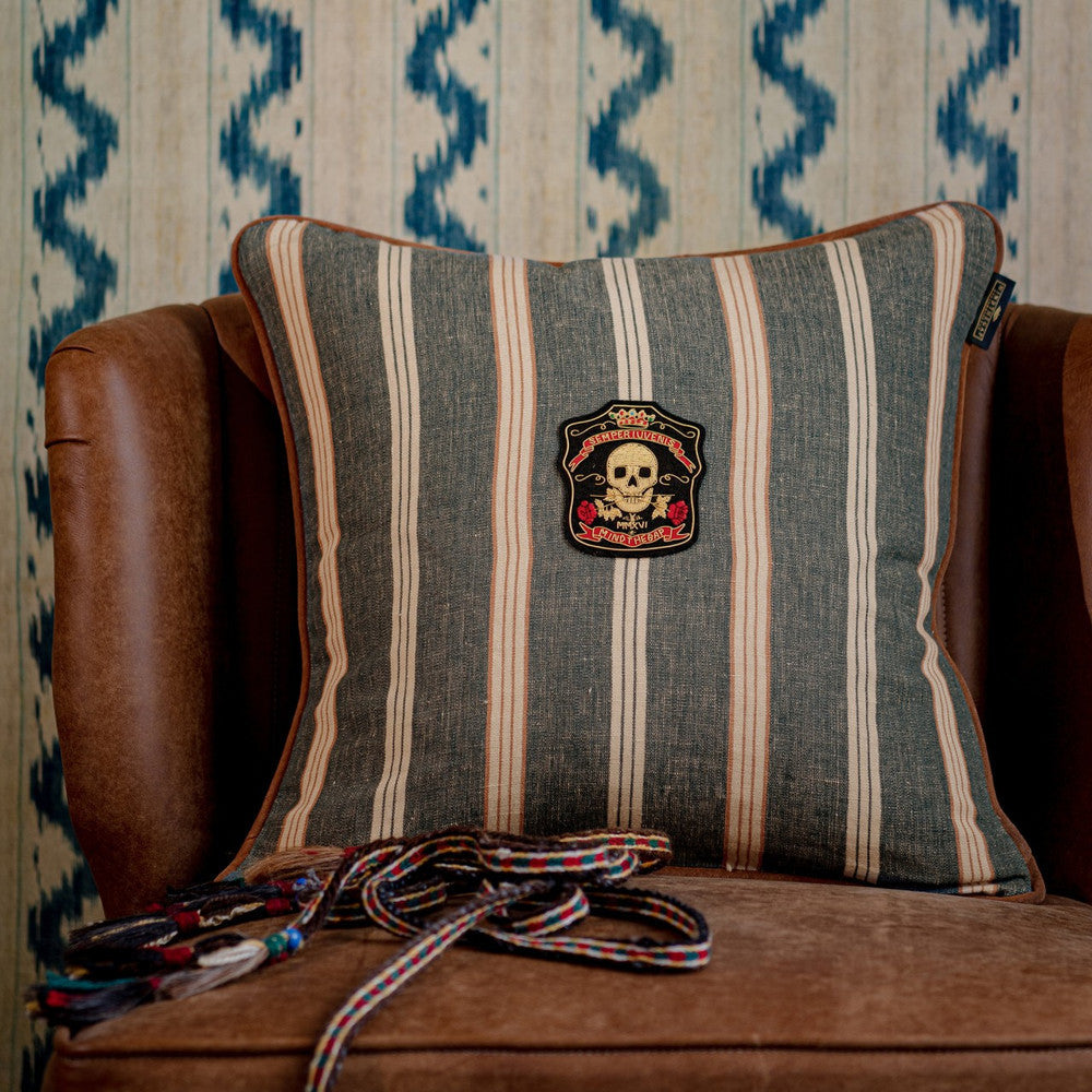 Mind The Gap Pillows OREGON STRIPES Denim Washed Cushion (LC40156) | LC40156 | WOODSTOCK '69 LIFESTYLE COLLECTION | 20 x 20 in | Grey, Red | Fabric Carolina | https://www.fabriccarolina.com/
