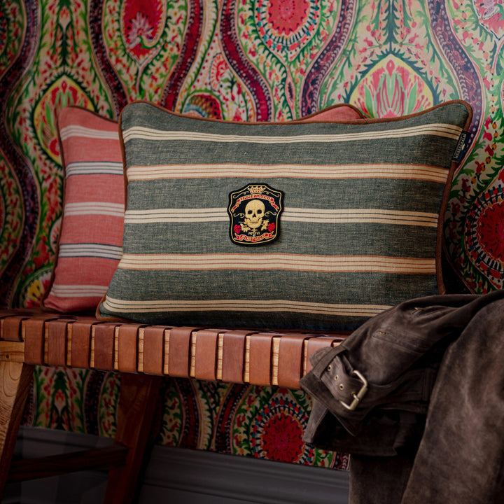 OREGON STRIPES Denim Washed Cushion (LC40157) by Mind The Gap | LC40157 | WOODSTOCK '69 LIFESTYLE COLLECTION | 23,6 x 15,8 in | Grey, Red | Fabric Carolina | https://www.fabriccarolina.com/