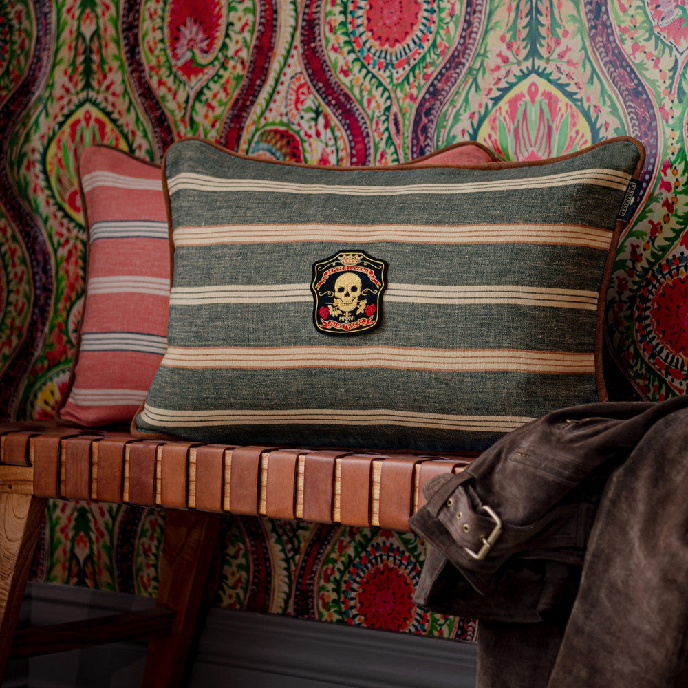 OREGON STRIPES Denim Washed Cushion (LC40157) by Mind The Gap | LC40157 | WOODSTOCK '69 LIFESTYLE COLLECTION | 23,6 x 15,8 in | Grey, Red | Fabric Carolina | https://www.fabriccarolina.com/
