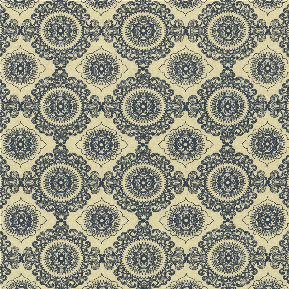 Ornamental Indigo  by Kasmir Fabric See sample 38% Cotton
30% Polyester
16% Linen
16% Viscose
 INDIA 20,000 Wyzenbeek Double Rubs </p><p>Repeat: Horizontal: 9 2/8 inches and Vertical: 9 inches 55  - Fabric Carolina -