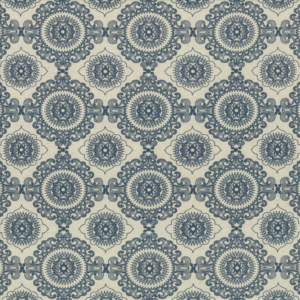 Ornamental Indigo by Kasmir Fabric 5156 38% Cotton 30% Polyester 16% Linen 16% Viscose INDIA 20,000 Wyzenbeek Double Rubs Horizontal: 9 2/8 inches and Vertical: 9 inches 55 - Fabric Carolina -