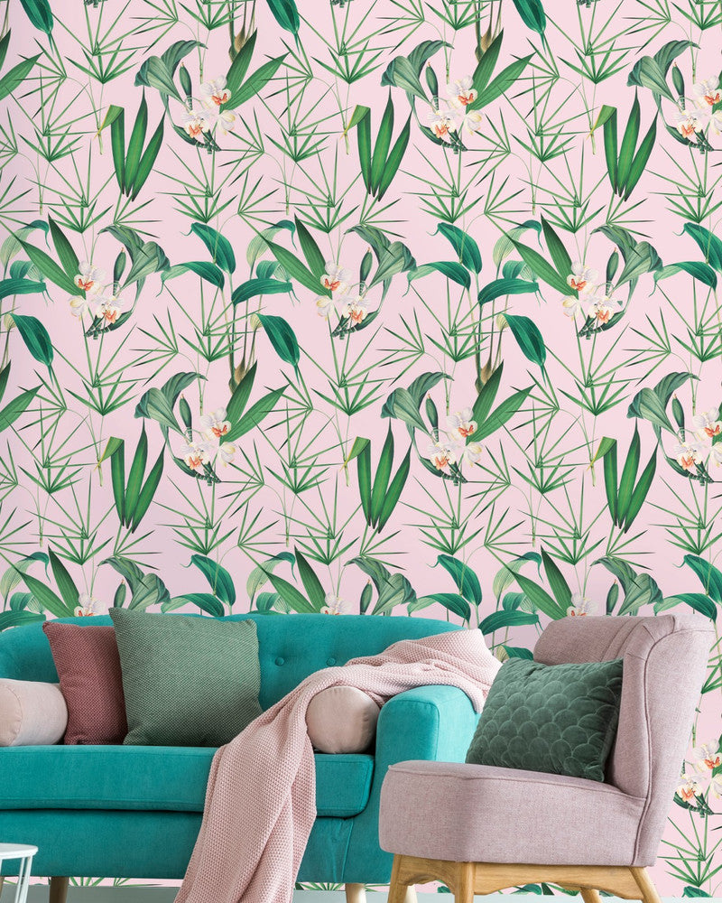 PALM SPRINGS Wallpaper (WP20361) by Mind The Gap | WP20361 | THE WALLPAPER COLLECTABLES | 3 rolls x 20.5 x 118.1 in | 0.52m / 20.5in | 3m / 118in | 4.65mp | 70cm / 27.6in | Green, Pink, White | Satin Matte | Paste the wall | 3-rolls in a box | Fabric Carolina | https://www.fabriccarolina.com/