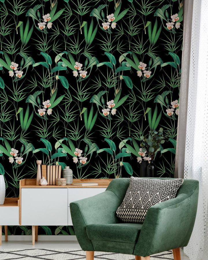 PALM SPRINGS Anthracite (WP20360) by Mind The Gap | WP20360 | THE WALLPAPER COLLECTABLES | 3 rolls x 20.5 x 118.1 in | 0.52m / 20.5in | 3m / 118in | 4.65mp | 70cm / 27.6in | Black, Green, White | Satin Matte | Paste the wall | 3-rolls in a box | Fabric Carolina | https://www.fabriccarolina.com/