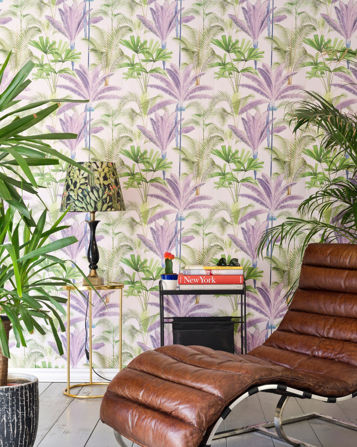 PALMERAS Wallpaper (WP20363) by Mind The Gap | WP20363 | THE WALLPAPER COLLECTABLES | 3 rolls x 20.5 x 118.1 in | 0.52m / 20.5in | 3m / 118in | 4.65mp | 62cm / 24.4in | Green, Pink, Purple | Satin Matte | Paste the wall | 3-rolls in a box | Fabric Carolina | https://www.fabriccarolina.com/