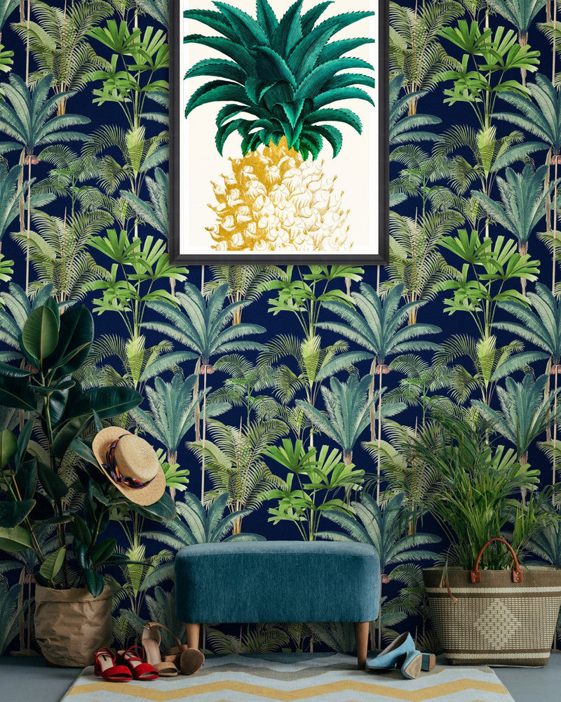 Palmeras Anthracite Wallpaper by Mind the Gap Designer Wallpaper THE WALLPAPER COLLECTABLES Satin Matte Made in Europe Paste the wall 3 rolls x 20.5 x 3.25 yards - Swanky Fabrics -