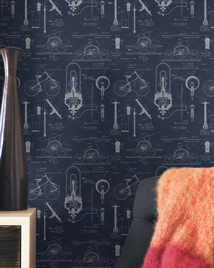 Patents Blue Premium Wallpaper by Mind the Gap Designer Wallpaper WALLPAPER DESIGNER COLLECTION Non-woven Made in Europe Paste the wall 3 rolls x 20.5 x 3.25 yards - Swanky Fabrics -