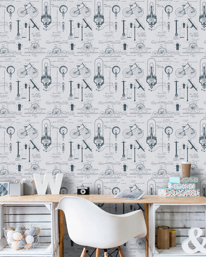 PATENTS Grey Premium Wallpaper (WP20049) by Mind The Gap | WP20049 | WALLPAPER DESIGNER COLLECTION | 3 rolls x 20.5 x 118.1 in | 0.52m / 20.5in | 3m / 118in | 4.65mp | 60cm / 23.6in | Blue, Grey | Non-woven | Paste the wall | 3-rolls in a box | Fabric Carolina | https://www.fabriccarolina.com/