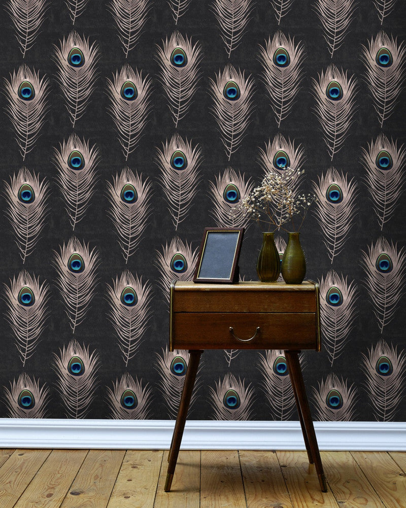 PEACOCK Wallpaper (WP20230) by Mind The Gap | WP20230 | PREMIUM DESIGNER WALLPAPER COLLECTION | 3 rolls x 20.5 x 118.1 in | 0.52m / 20.5in | 3m / 118in | 4.65mp | 52cm / 20.5in | Black, Blue, Copper, Green | Non-woven | Paste the wall | 3-rolls in a box | Fabric Carolina | https://www.fabriccarolina.com/