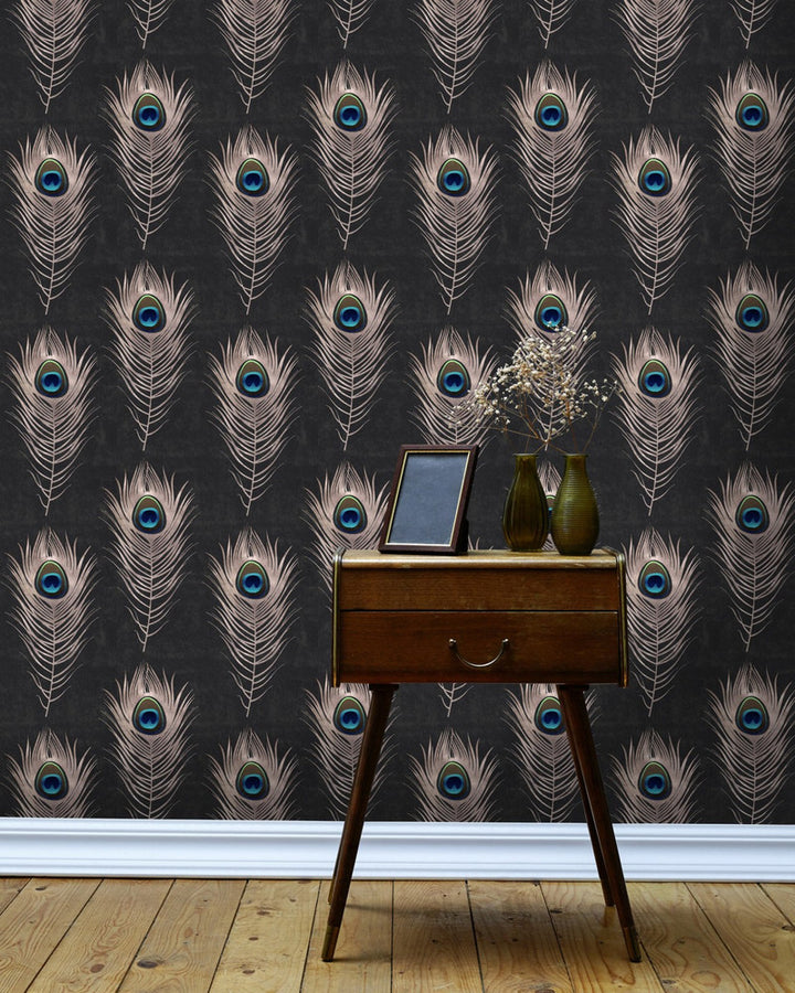 PEACOCK Wallpaper (WP20230) by Mind The Gap | WP20230 | PREMIUM DESIGNER WALLPAPER COLLECTION | 3 rolls x 20.5 x 118.1 in | 0.52m / 20.5in | 3m / 118in | 4.65mp | 52cm / 20.5in | Black, Blue, Copper, Green | Non-woven | Paste the wall | 3-rolls in a box | Fabric Carolina | https://www.fabriccarolina.com/