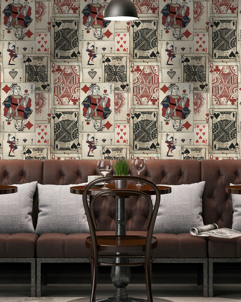 PLAYCARDS Premium Wallpaper (WP20019) by Mind The Gap | WP20019 | WALLPAPER DESIGNER COLLECTION | 3 rolls x 20.5 x 118.1 in | 0.52m / 20.5in | 3m / 118in | 4.65mp | 60cm / 23.6in | Black, Blue, Red, Taupe | Non-woven | Paste the wall | 3-rolls in a box | Fabric Carolina | https://www.fabriccarolina.com/