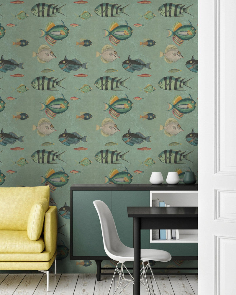 Poissons Green Wallpaper by Mind the Gap Designer Wallpaper PREMIUM DESIGNER WALLPAPER COLLECTION Non-woven Made in Europe Paste the wall 3 rolls x 20.5 x 3.25 yards - Swanky Fabrics -