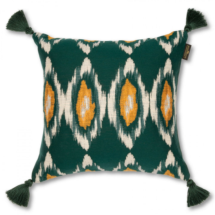 PRADESH IKAT Cushion (LC40172) by Mind The Gap | LC40172 | WOODSTOCK '69 LIFESTYLE COLLECTION | 20 x 20 in | Green, Ivory, Orange | Fabric Carolina | https://www.fabriccarolina.com/