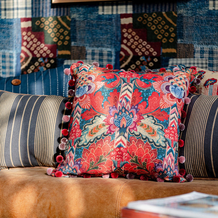 Psychedelia Cushion by Mind the Gap Designer Pillow WOODSTOCK '69 LIFESTYLE COLLECTION 100% Linen, printed and stonewashed Made in Romania Pom-pom tassels 20 x 20 in - Swanky Fabrics -