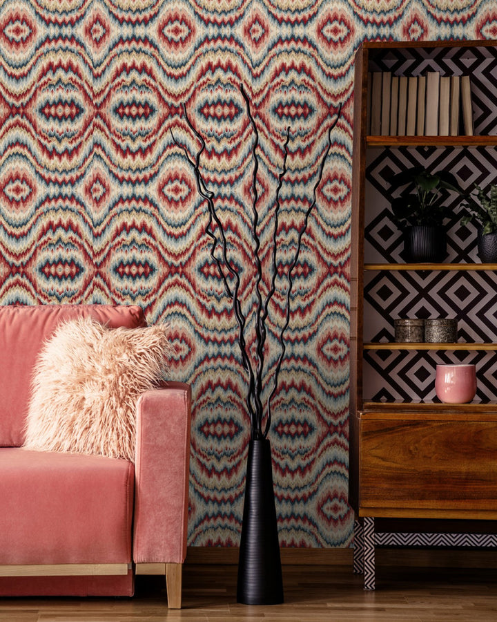 PSYCHEDELIC Wallpaper (WP20383) by Mind The Gap | WP20383 | THE WALLPAPER COLLECTABLES | 3 rolls x 20.5 x 118.1 in | 0.52m / 20.5in | 3m / 118in | 4.65mp | 52cm / 20.5in | Blue, Red | Satin Matte | Paste the wall | 3-rolls in a box | Fabric Carolina | https://www.fabriccarolina.com/