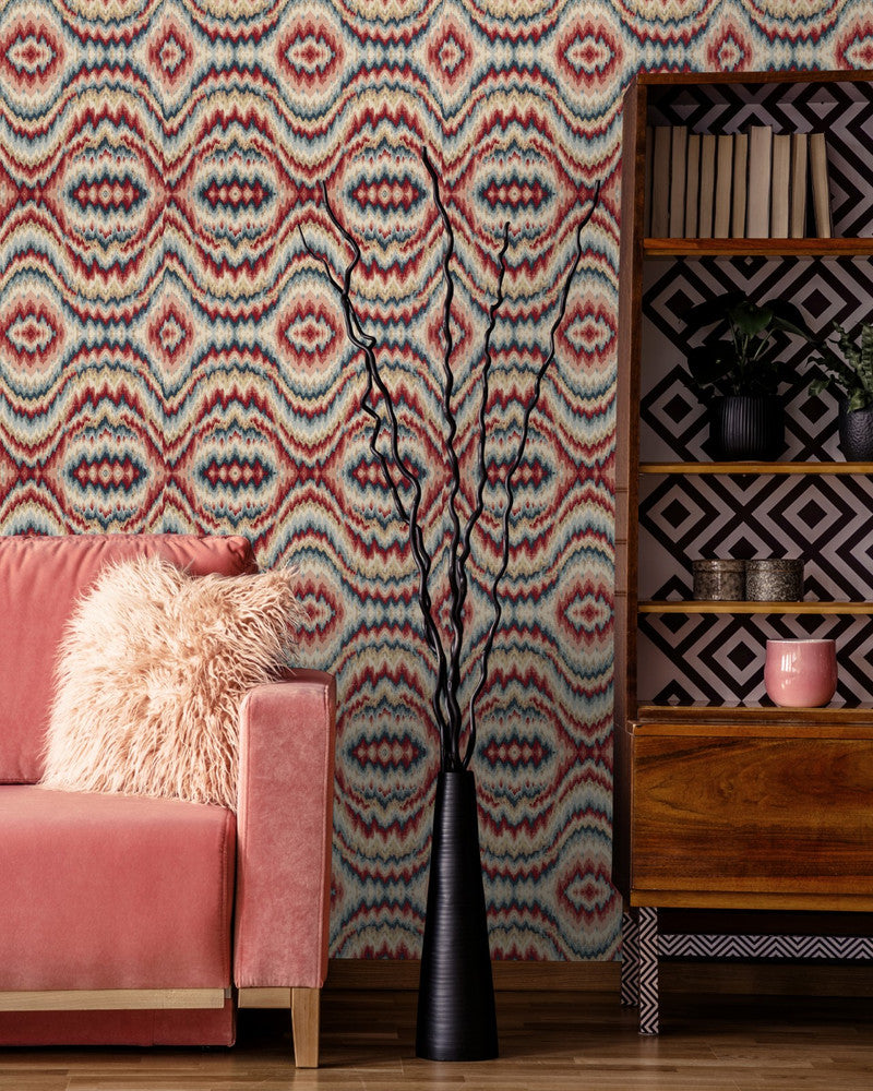 PSYCHEDELIC Wallpaper (WP20383) by Mind The Gap | WP20383 | THE WALLPAPER COLLECTABLES | 3 rolls x 20.5 x 118.1 in | 0.52m / 20.5in | 3m / 118in | 4.65mp | 52cm / 20.5in | Blue, Red | Satin Matte | Paste the wall | 3-rolls in a box | Fabric Carolina | https://www.fabriccarolina.com/