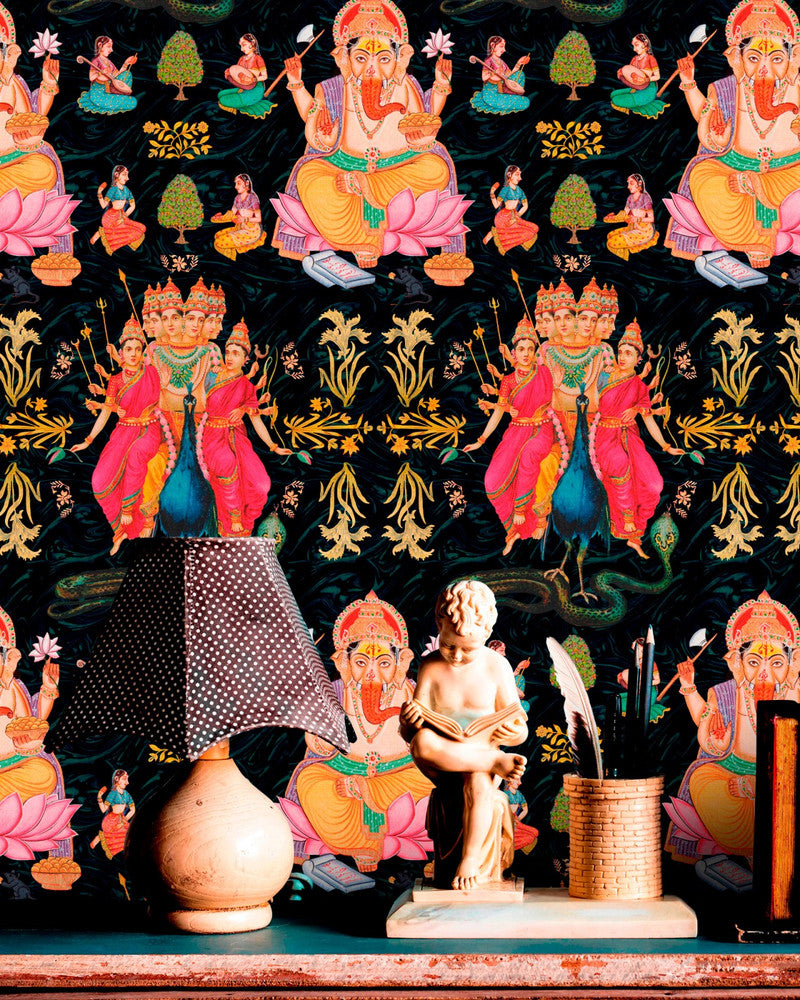 GODDESS Wallpaper (WP20406) by Mind The Gap | WP20406 | THE WALLPAPER COLLECTABLES | 3 rolls x 20.5 x 118.1 in | 0.52m / 20.5in | 3m / 118in | 4.65mp | 80cm / 31.4in | Black, Blue, Pink, Gold | Textured Matte | Paste the wall | 3-rolls in a box | Fabric Carolina | https://www.fabriccarolina.com/