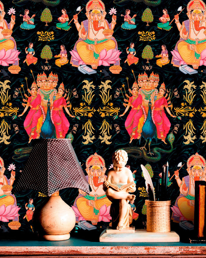 GODDESS Wallpaper (WP20406) by Mind The Gap | WP20406 | THE WALLPAPER COLLECTABLES | 3 rolls x 20.5 x 118.1 in | 0.52m / 20.5in | 3m / 118in | 4.65mp | 80cm / 31.4in | Black, Blue, Pink, Gold | Textured Matte | Paste the wall | 3-rolls in a box | Fabric Carolina | https://www.fabriccarolina.com/