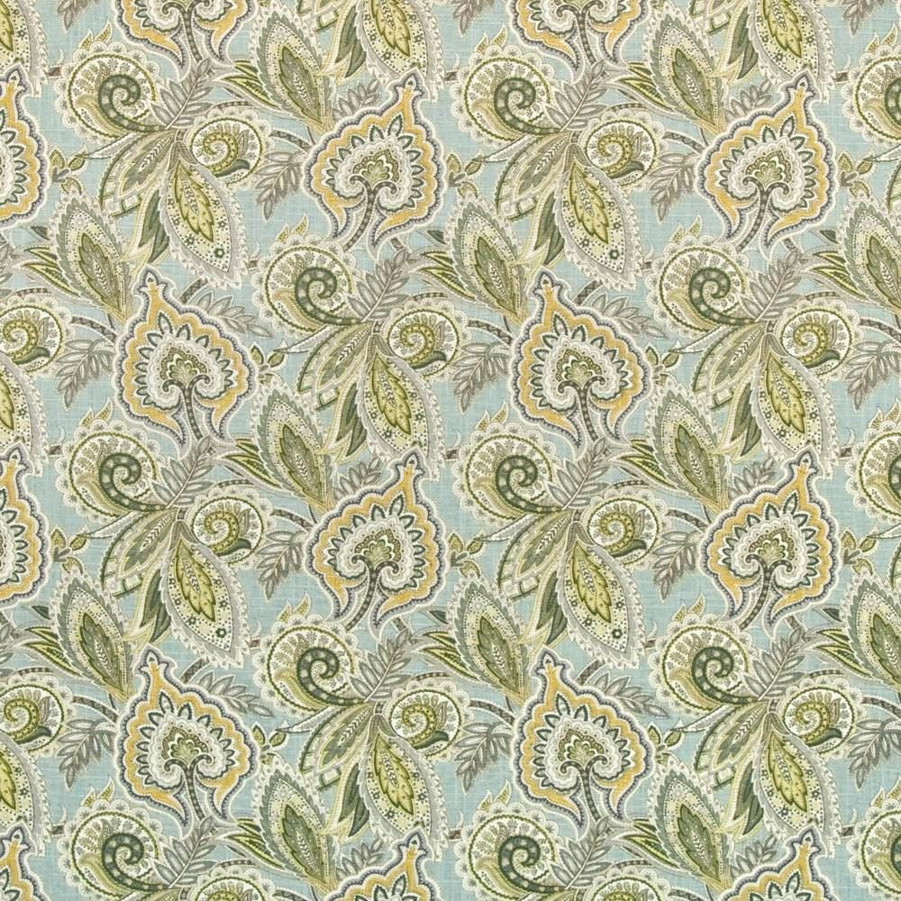 Punjab Paisley Glacier by Kasmir Fabric 1403 55% Linen
45% Rayon
 CHINA </p><p>Repeat: Horizontal: 13 4/8 inches and Vertical: 13 4/8 inches 54 - 55 - Fabric Carolina -