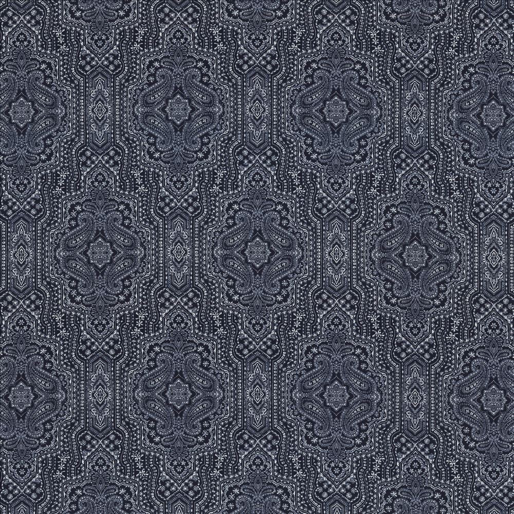 Purana Paisley Indigo  by Kasmir Fabric See sample 100% Cotton
 USA 15,000 Wyzenbeek Double Rubs </p><p>Repeat: Horizontal: 13 4/8 inches and Vertical: 25 2/8 inches 54  - Fabric Carolina -