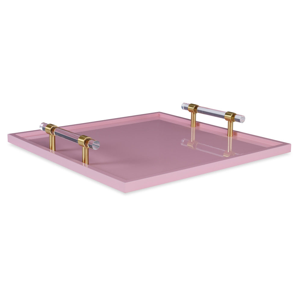 Foster Tray QR-14101.BLUSH.0 by CuratedKravet CuratedKravet 20 layers of lacquer are hand applied to this clean lines all purpose tray. Accented with acrylic and brass handles. Vietnam Wipe with soft damp cloth. </p><p>Dimensions: Length 18, Height 3, Width 18 Wood - 70%, Acrylic - 20%, Metal - 10% - Fabric Carolina -