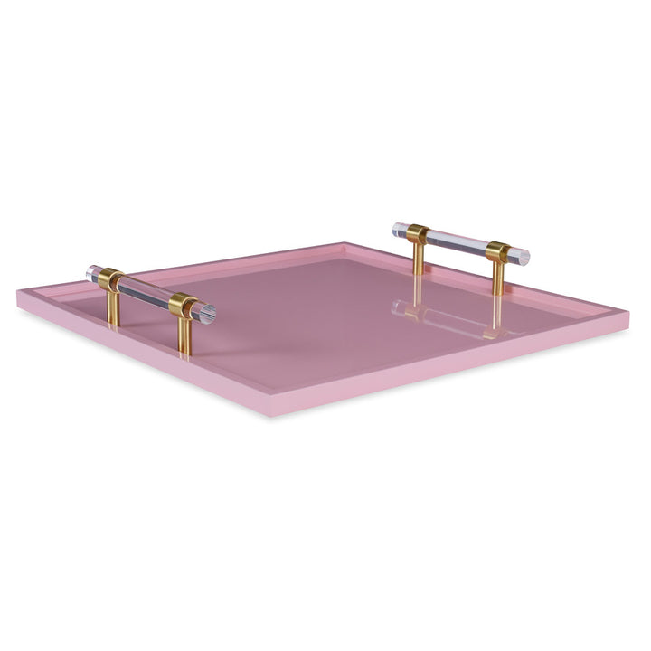 Foster Tray QR-14101.BLUSH.0 by CuratedKravet CuratedKravet 20 layers of lacquer are hand applied to this clean lines all purpose tray. Accented with acrylic and brass handles. Vietnam Wipe with soft damp cloth. </p><p>Dimensions: Length 18, Height 3, Width 18 Wood - 70%, Acrylic - 20%, Metal - 10% - Fabric Carolina -