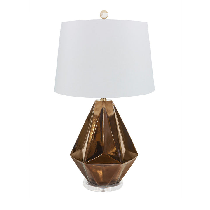 Liza Table Lamp QR-16105.BRONZE.0 by CuratedKravet CuratedKravet A faceted ceramic table lamp featuring a metallic bronze finish and a clear acrylic base. Topped with a hardback ivory linen drum shade. Detailed with a clear crystal ball finial. Made in the USA. United States </p><p>Dimensions: Length 14, Height 25, Width 14 Ceramic - 50%, Linen - 40%, Brass - 5%, Crystal Stone - 5% - Fabric Carolina -