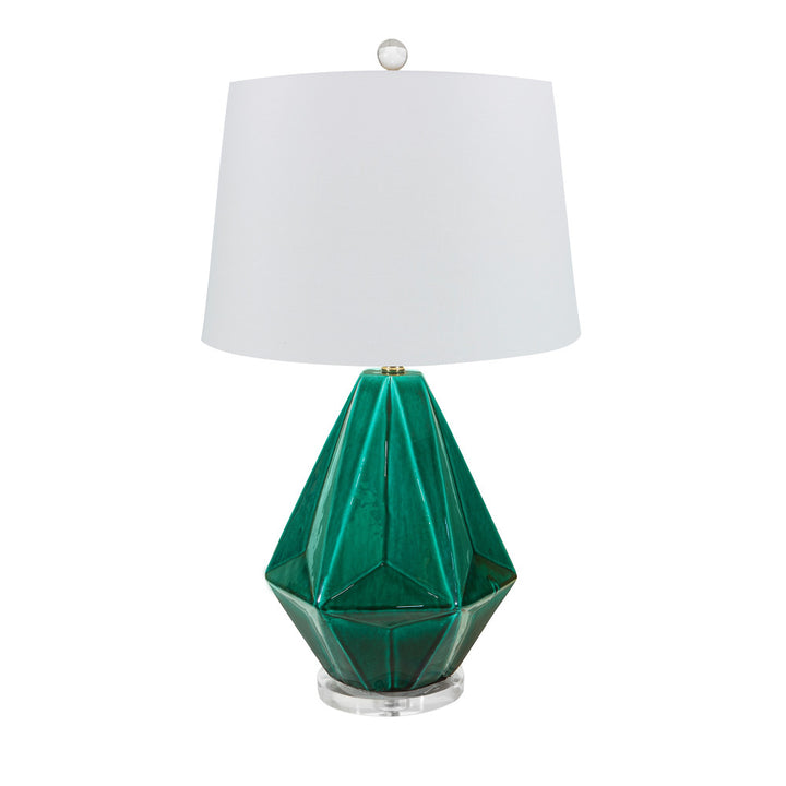 Liza Table Lamp QR-16105.FOREST.0 by CuratedKravet CuratedKravet A faceted ceramic table lamp featuring a deep forest green finish and a clear acrylic base. Topped with a hardback ivory linen drum shade. Detailed with a clear crystal ball finial. Made in the USA. United States </p><p>Dimensions: Length 14, Height 25, Width 14 Ceramic - 50%, Linen - 40%, Brass - 5%, Crystal Stone - 5% - Fabric Carolina -