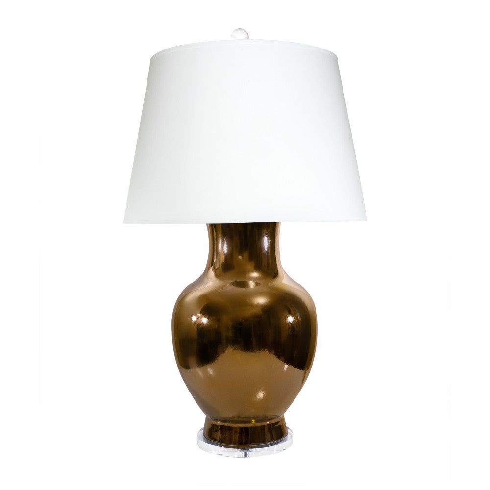 Bianca Table Lamp QR-16193.BRONZE.0 by CuratedKravet CuratedKravet An oversized ceramic table lamp featuring a metallic bronze finish and a clear acrylic base. Topped with a white paper shade. Detailed with a clear crystal ball finial. Made in the USA. United States </p><p>Dimensions: Length 19, Height 34, Width 19 Ceramic - 50%, Paper - 40%, Crystal Stone - 5%, Metal - 5% - Fabric Carolina -