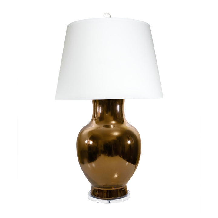 Bianca Table Lamp QR-16193.BRONZE.0 by CuratedKravet CuratedKravet An oversized ceramic table lamp featuring a metallic bronze finish and a clear acrylic base. Topped with a white paper shade. Detailed with a clear crystal ball finial. Made in the USA. United States </p><p>Dimensions: Length 19, Height 34, Width 19 Ceramic - 50%, Paper - 40%, Crystal Stone - 5%, Metal - 5% - Fabric Carolina -