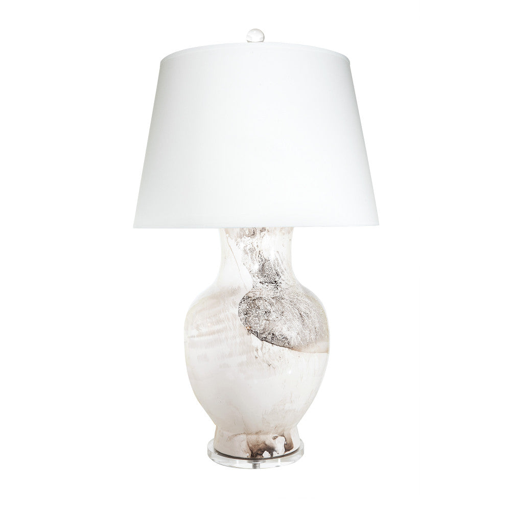 Bianca Table Lamp QR-16193.PALLADIUM.0 by CuratedKravet CuratedKravet An oversized ceramic table lamp featuring a metallic bronze finish and a clear acrylic base. Topped with a white paper shade. Detailed with a clear crystal ball finial. Made in the USA. United States </p><p>Dimensions: Length 19, Height 34, Width 19 Ceramic - 50%, Paper - 40%, Brass - 5%, Crystal Stone - 5% - Fabric Carolina -