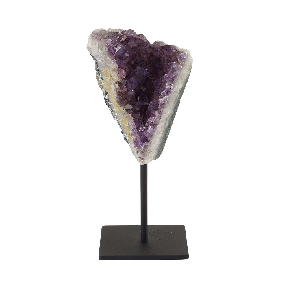 Vitoria Amethyst Sculpture QR-18375.AMETHYST.0 by CuratedKravet CuratedKravet A natural amethyst druze cluster sculpture mounted on a black iron stand. Due to the natural material, size, shape and color will vary. Brazil DUST LIGHTLY. KEEP DRY. </p><p>Dimensions: Length 4.75, Height 11, Width 4 Stone - 90%, Iron - 10% - Fabric Carolina -