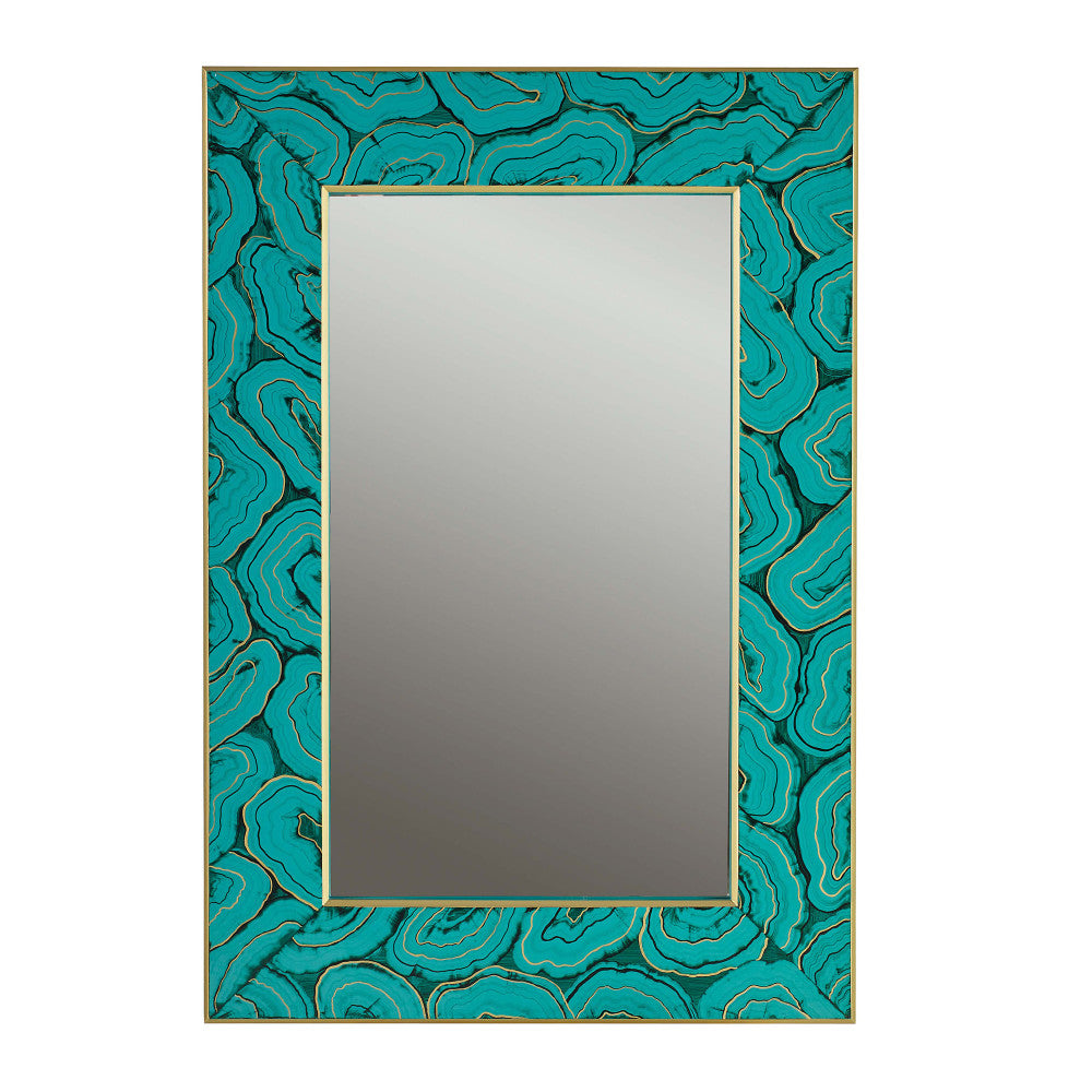 Mally Mirror QR-18565.MALACHITE.0 by CuratedKravet CuratedKravet Finely hand painted malachite mineral pattern in vibrant remarkable green and black. Liquid gold accent the organic design and line the inner and outer edge of the frame. A visual statement piece that serves as jewelry for the home. Made in the USA. United States wipe with soft dry cloth. no abrasive cleaners </p><p>Dimensions: Length 28, Height 36, Width 1.5 - Fabric Carolina -