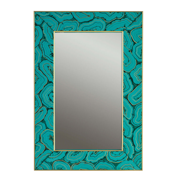 Mally Mirror QR-18565.MALACHITE.0 by CuratedKravet CuratedKravet Finely hand painted malachite mineral pattern in vibrant remarkable green and black. Liquid gold accent the organic design and line the inner and outer edge of the frame. A visual statement piece that serves as jewelry for the home. Made in the USA. United States wipe with soft dry cloth. no abrasive cleaners </p><p>Dimensions: Length 28, Height 36, Width 1.5 - Fabric Carolina -