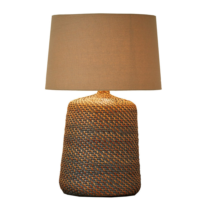 Vati Table Lamp QR-18749.GRAY.0 by CuratedKravet CuratedKravet A rattan table lamp with gray details topped with a beige linen shade. Thailand DUST LIGHTLY WITH A SOFT, DRY CLOTH. </p><p>Dimensions: Length 21.5, Height 32, Width 21.5 Rattan - 80%, Linen - 20% - Fabric Carolina -