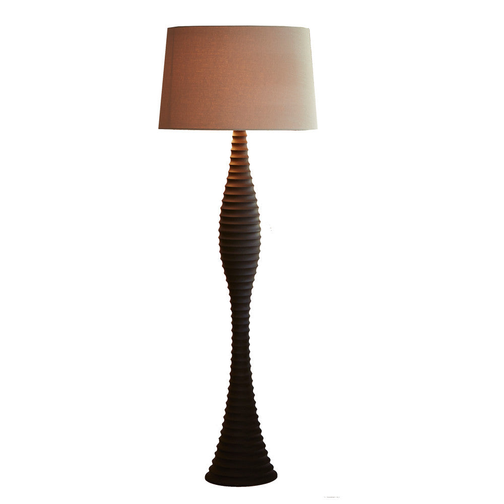 Bindy Floor Lamp QR-18752.DRKBROWN.0 by CuratedKravet CuratedKravet A curvaceous dark brown mango wood floor lamp. Topped with a round linen shade. Thailand </p><p>Dimensions: Length 21.5, Height 62, Width 21.5 Wood - 65%, Linen - 30%, Metal - 5% - Fabric Carolina -