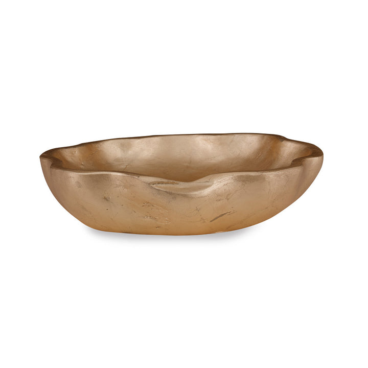 Lisso Bowl QR-18762.GOLDLEAF.0 by CuratedKravet CuratedKravet A gold leafed scalloped bowl made of resin. Cast from a one of a kind wooden bowl sourced from Asia. The natural imperfections of the bowl are captured in this resin version, adding character and texture. United States DUST LIGHTLY. </p><p>Dimensions: Length 17, Height 3.75, Width 17 Poly Resin - 90%, Gold Leaf - 10% - Fabric Carolina -
