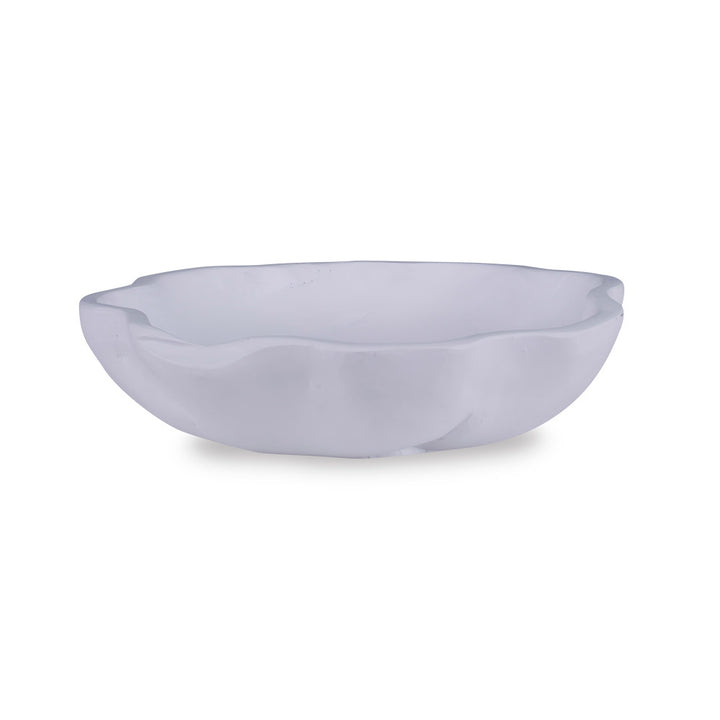 Lisso Bowl QR-18762.WHITE.0 by CuratedKravet CuratedKravet A white scalloped bowl made of resin. Cast from a one of a kind wooden bowl sourced from Asia. The natural imperfections of the bowl are captured in this resin version, adding character and texture. United States DUST LIGHTLY. </p><p>Dimensions: Length 17, Height 3.75, Width 17 Poly Resin - 100% - Fabric Carolina -
